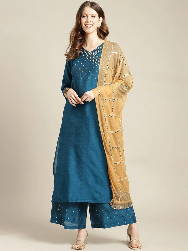 Teal Ethnic Motifs Printed Angrakha Kurta with Palazzos & With Dupatta - Indiakreations