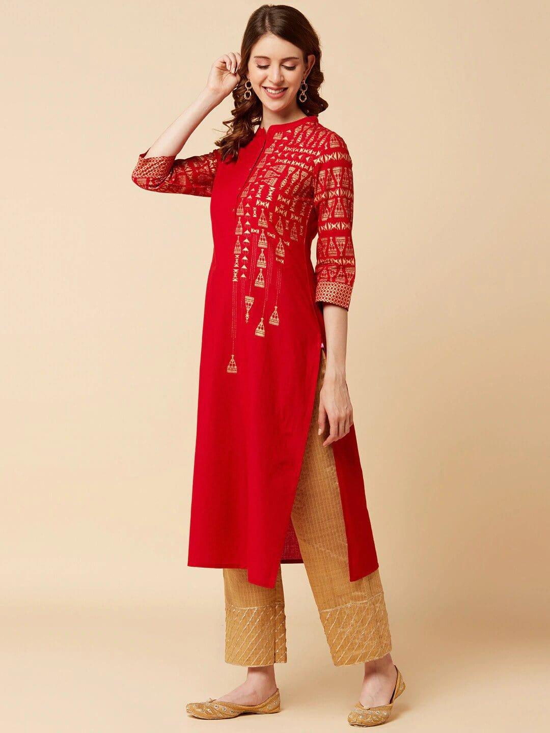 Maroon Geometric Yoke Design Thread Work Kurta - Indiakreations