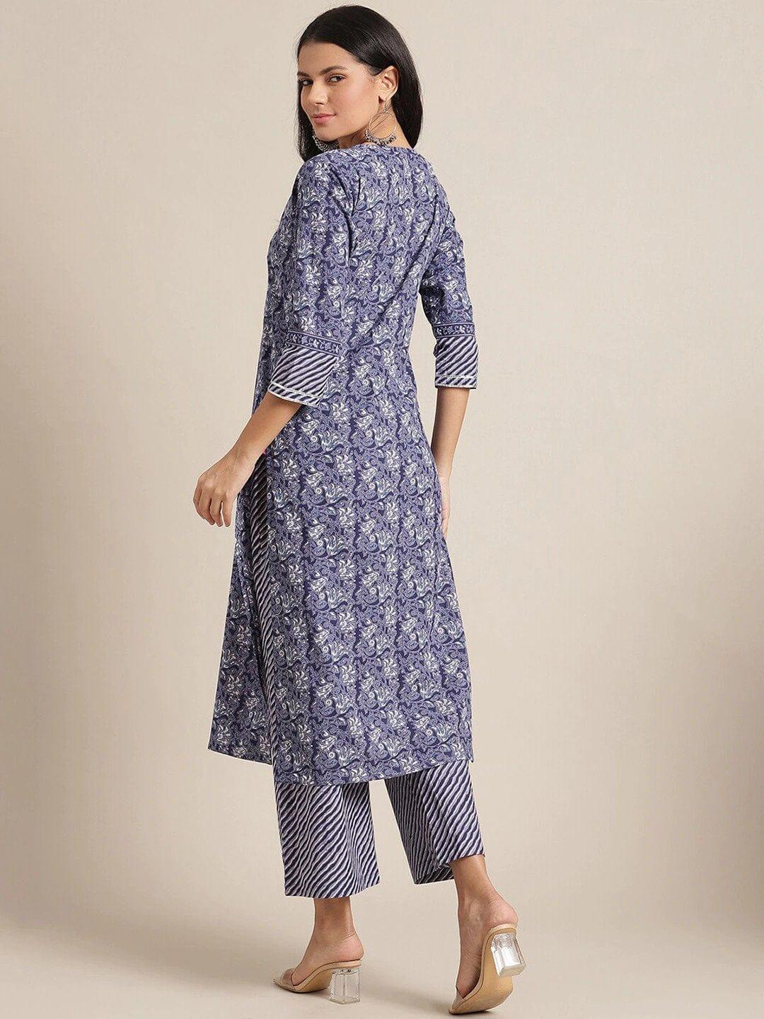 Blue Ethnic Motifs Printed Gotta Patti Kurta with Palazzos - Indiakreations