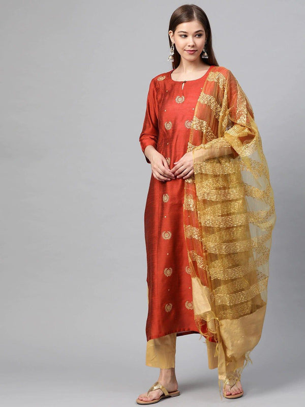 Rust Orange & Golden Embroidered Kurta with Trousers & Dupatta - Indiakreations