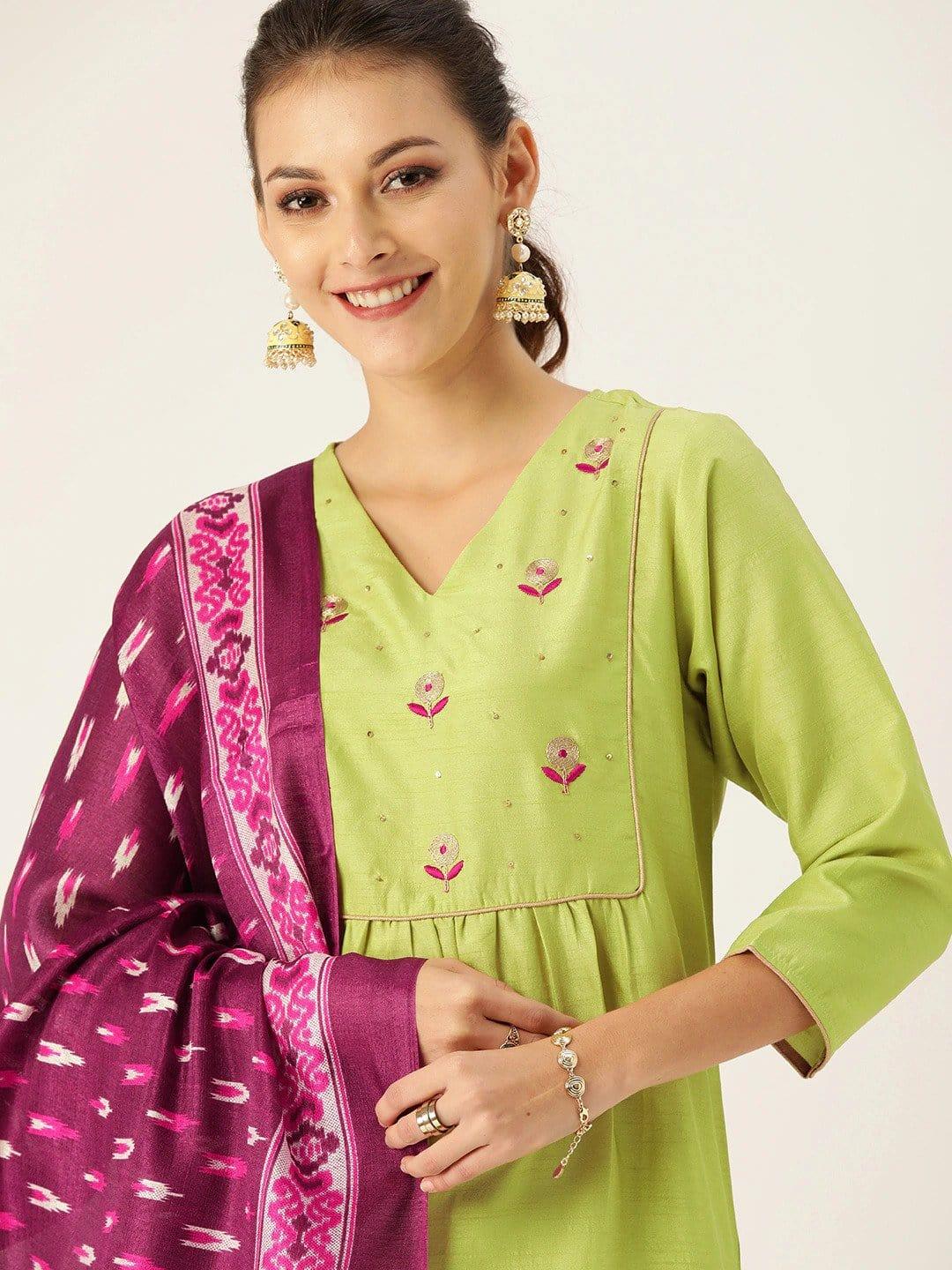 Lime Green & Purple Embroidered Kurta with Palazzos & Dupatta - Indiakreations