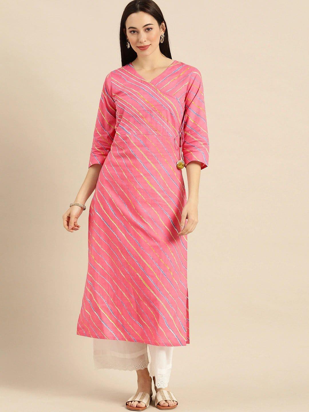 Pink & Blue Leheriya Printed Kurta - Indiakreations