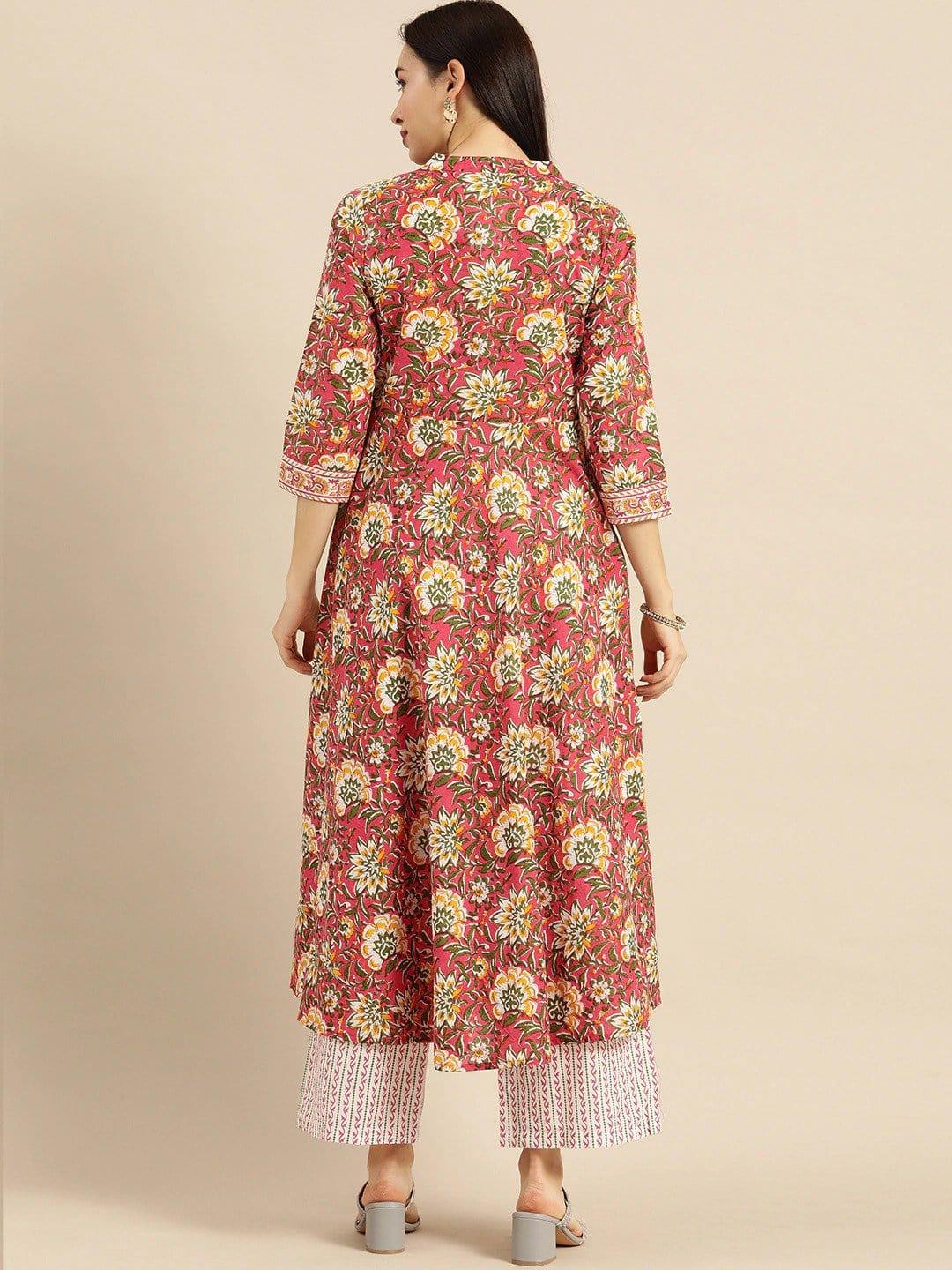 Pink & Mustard Printed Kurta with Palazzos - Indiakreations