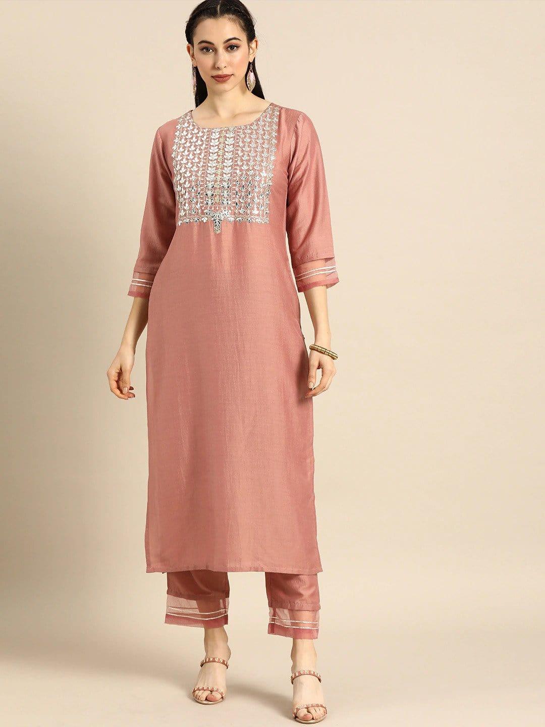 Rose & Silver-Toned Embroidered Kurta Set - Indiakreations