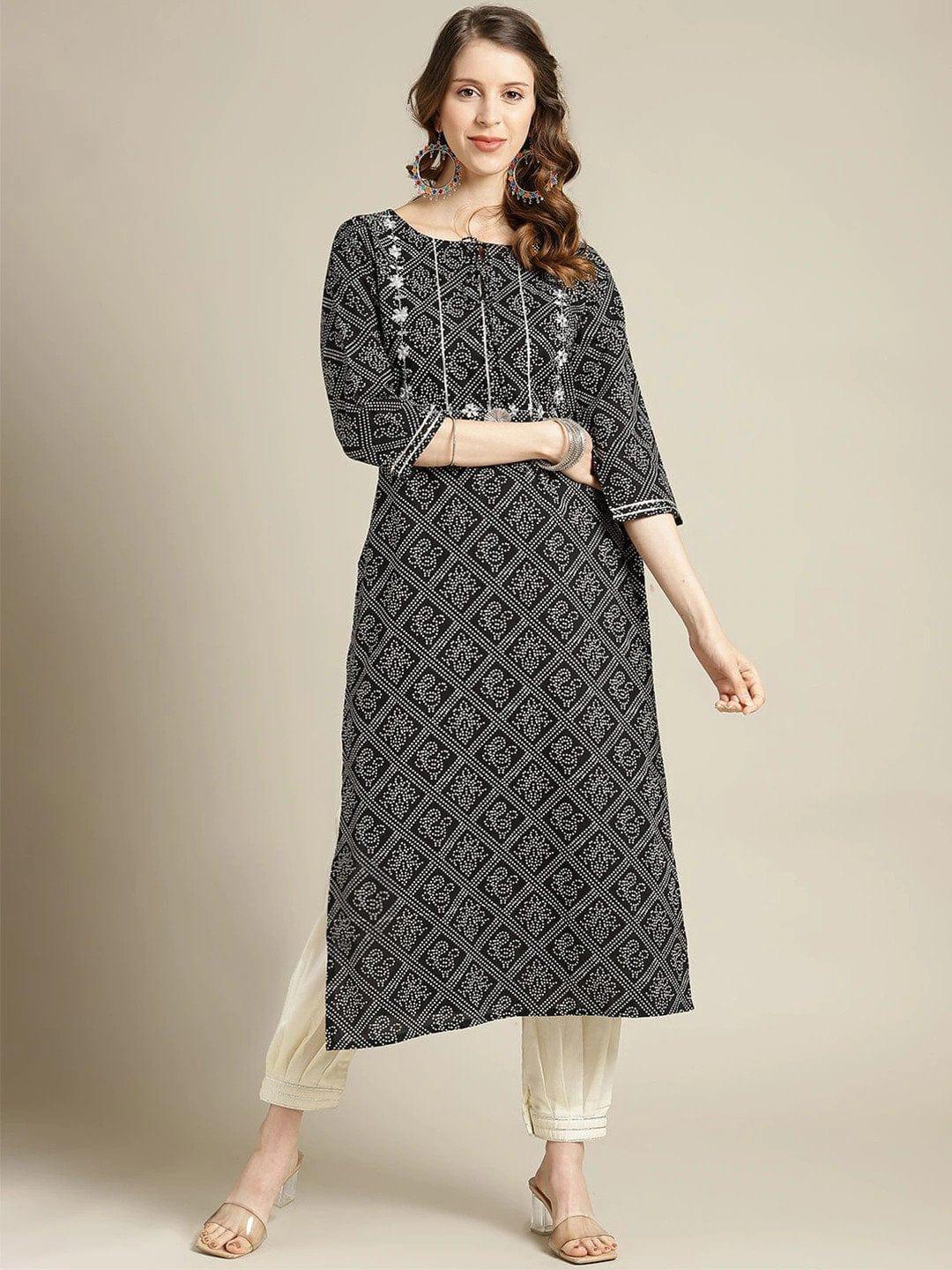 Black & White Bandhani Printed Thread Work Cotton Straight Kurta - Indiakreations