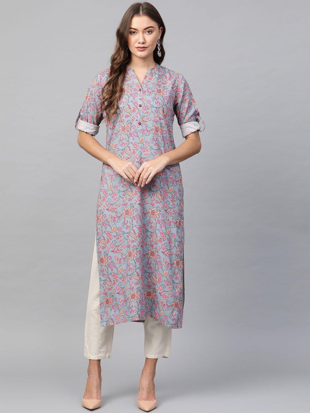 KSUT Grey & Pink Printed Straight Kurta - Indiakreations