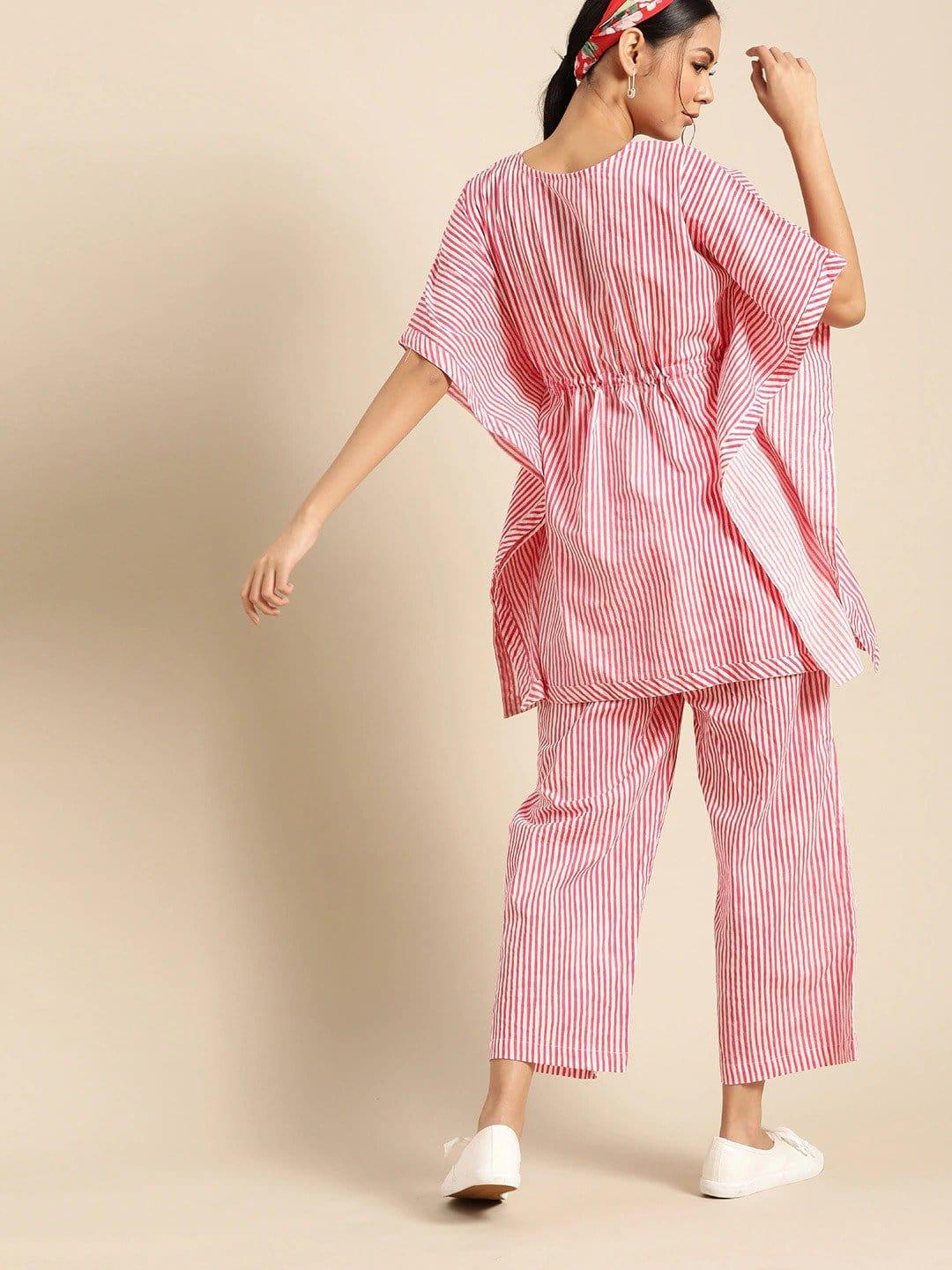 Pink & White Pure Cotton Striped Tunic with Palazzos - Indiakreations