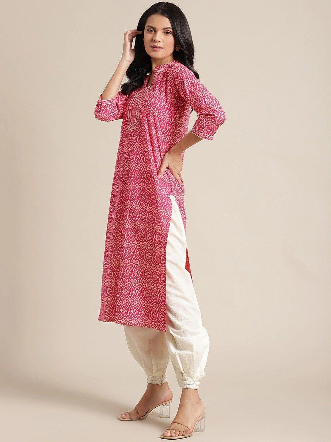 Pink & White Ethnic Motifs Printed Gotta Patti Kurta - Indiakreations