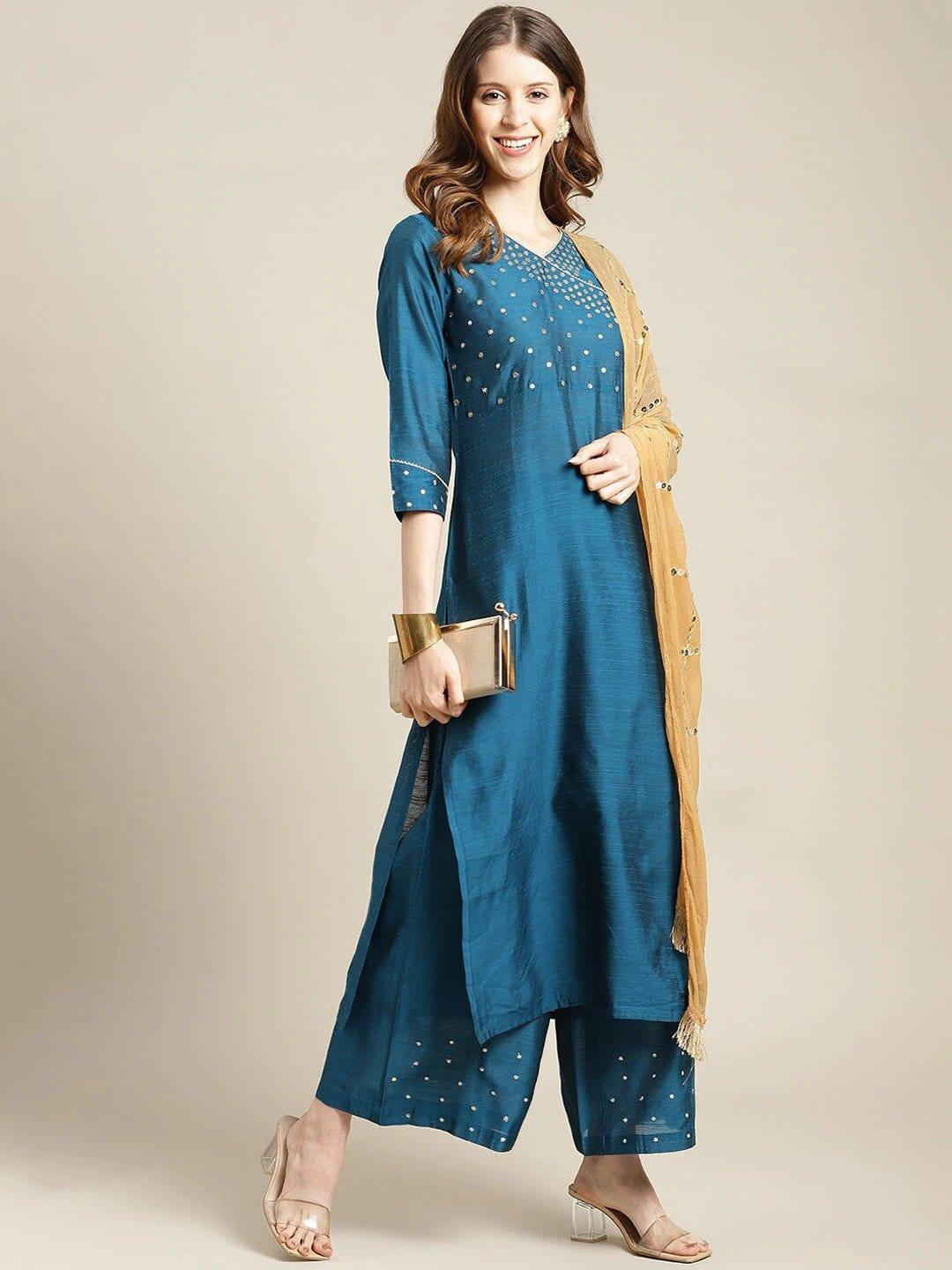 Teal Ethnic Motifs Printed Angrakha Kurta with Palazzos & With Dupatta - Indiakreations