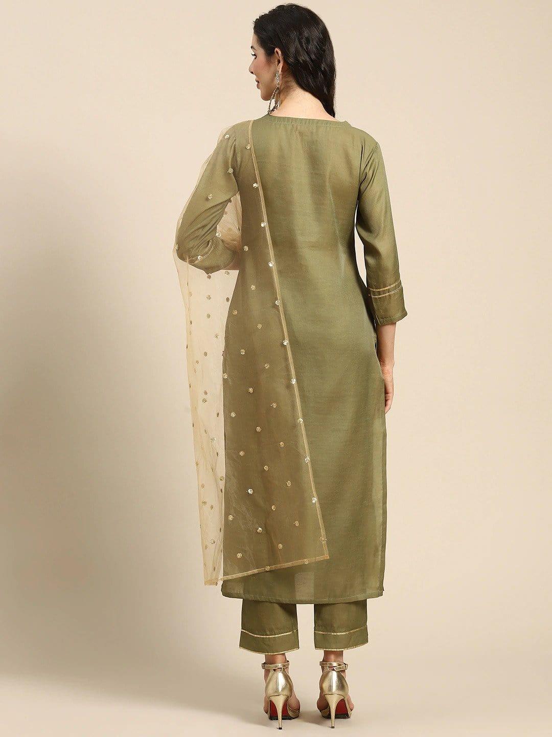 Olive Green & Golden Embroidered Kurta with Trousers & Dupatta - Indiakreations