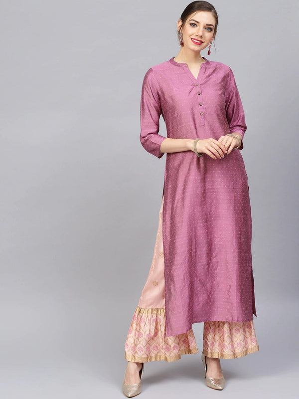 Women's Pink Dobby Woven Design Straight Kurta - Varanga