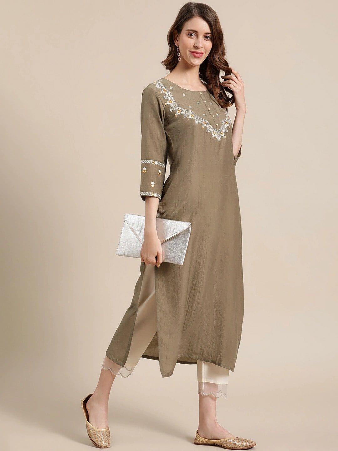 Olive Floral Embroidered Kurta with Trousers - Indiakreations