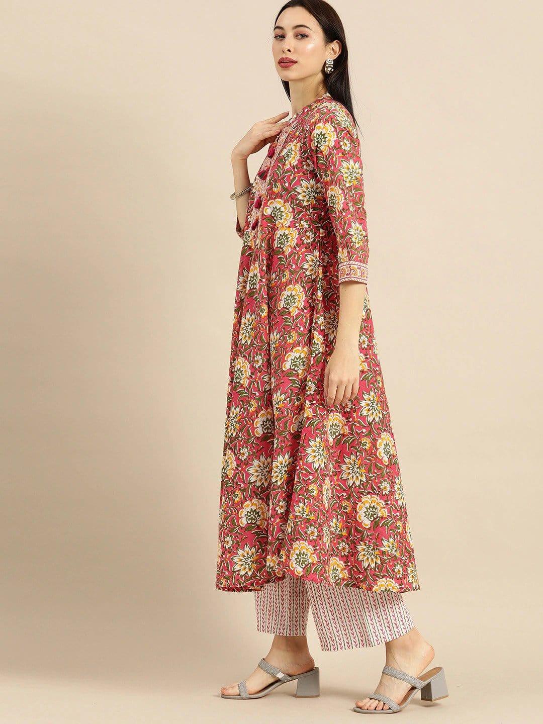 Pink & Mustard Printed Kurta with Palazzos - Indiakreations