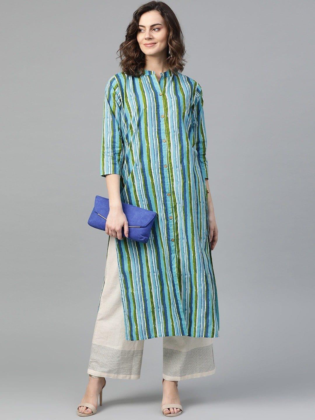 KSUT Blue & Green Striped Straight Kurta - Indiakreations