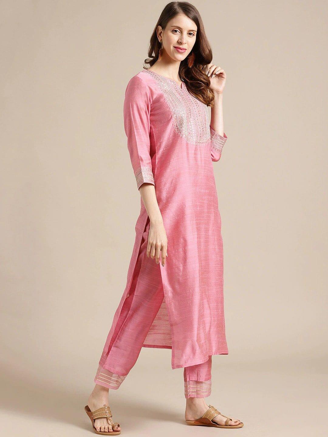 Pink & Gold Coloured Yoke Design Kurta With Trousers & Dupatta - Indiakreations