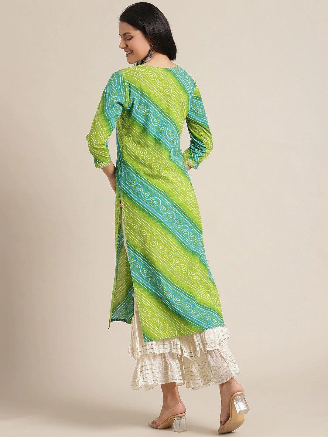 Lime Green Bandhani Printed Gotta Patti Kurta - Indiakreations