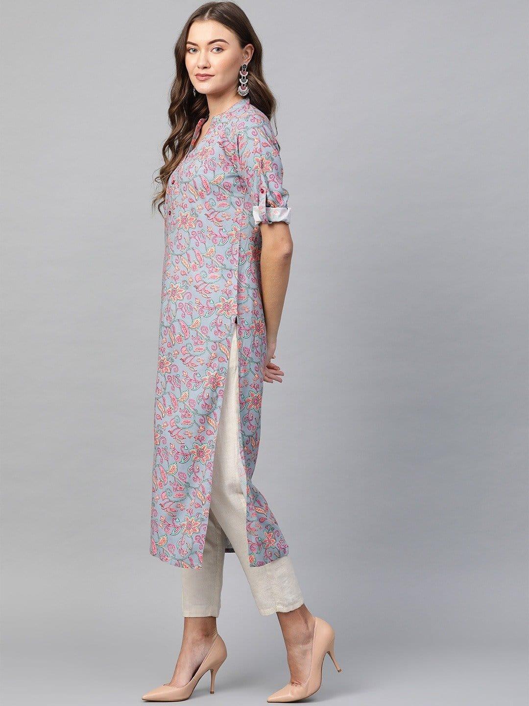 KSUT Grey & Pink Printed Straight Kurta - Indiakreations