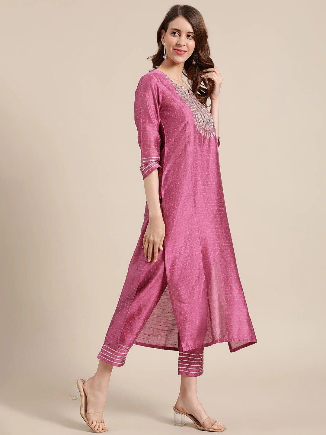 Pink Yoke Design Regular Straight Thread Work Kurta & Palazzos - Indiakreations