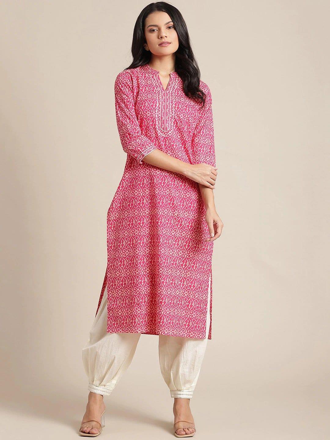 Pink & White Ethnic Motifs Printed Gotta Patti Kurta - Indiakreations