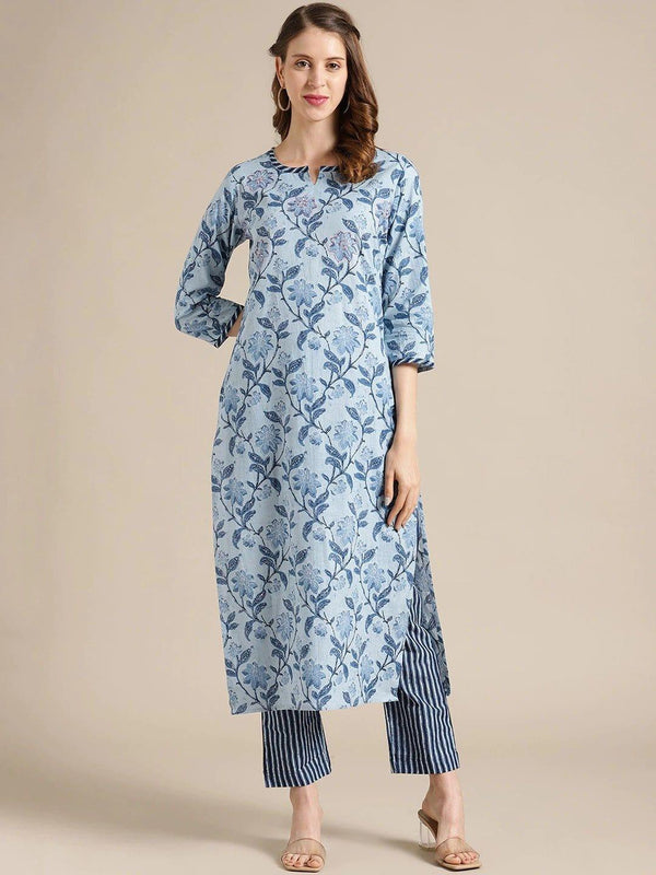 Blue Floral Printed Kurta with Trousers - Indiakreations