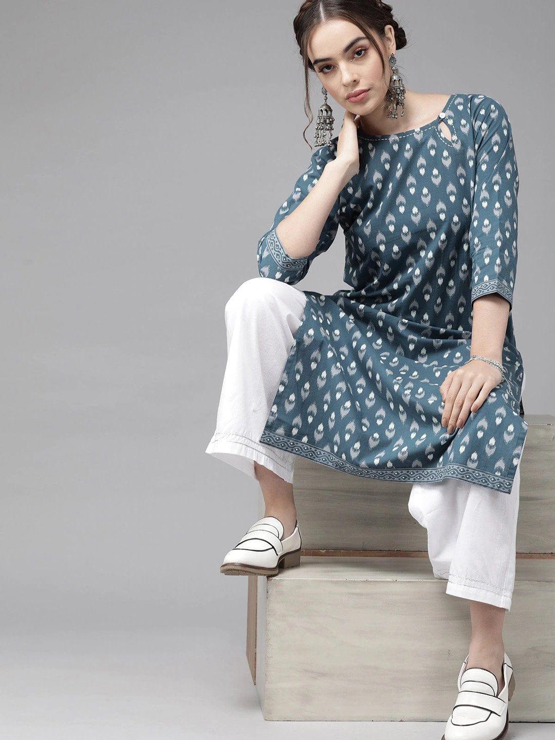 Blue Ethnic Motifs Printed Kurta with Trousers - Indiakreations