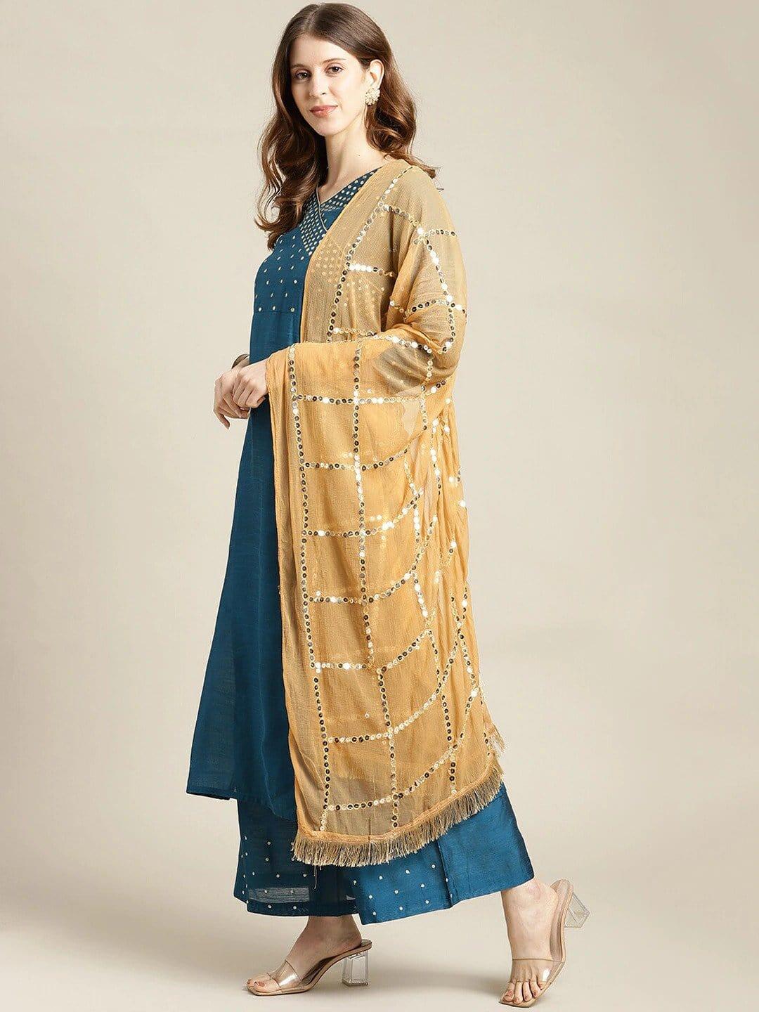 Teal Ethnic Motifs Printed Angrakha Kurta with Palazzos & With Dupatta - Indiakreations