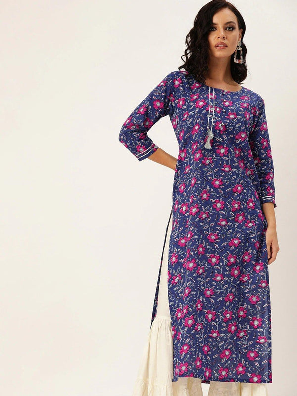 Navy Blue & Pink Floral Printed Straight Kurta - Indiakreations