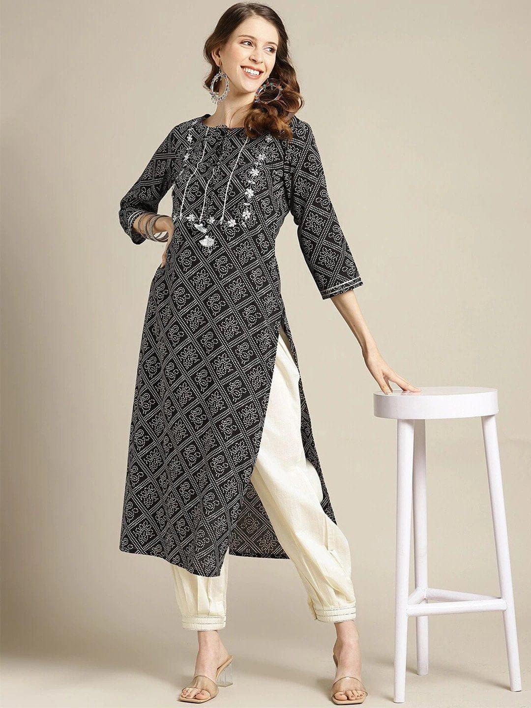 Black & White Bandhani Printed Thread Work Cotton Straight Kurta - Indiakreations