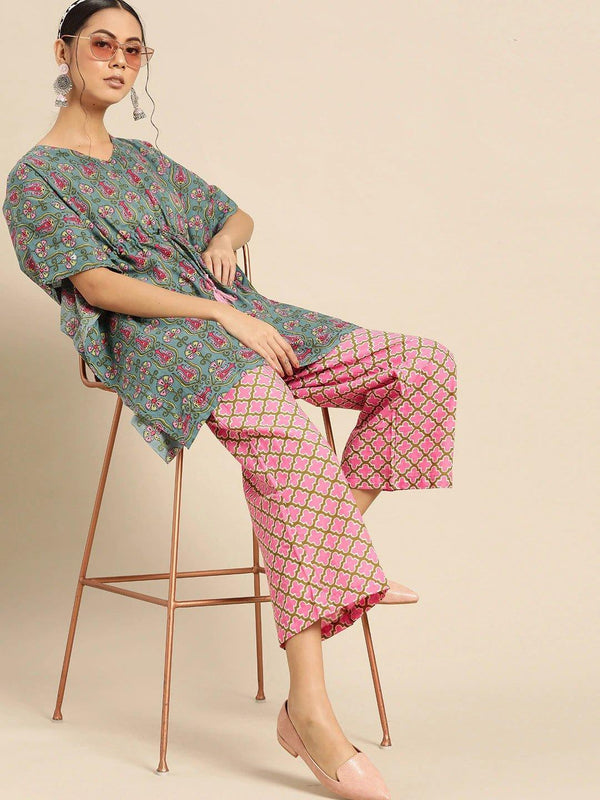 Blue & Pink Pure Cotton Printed Tunic with Palazzos - Indiakreations