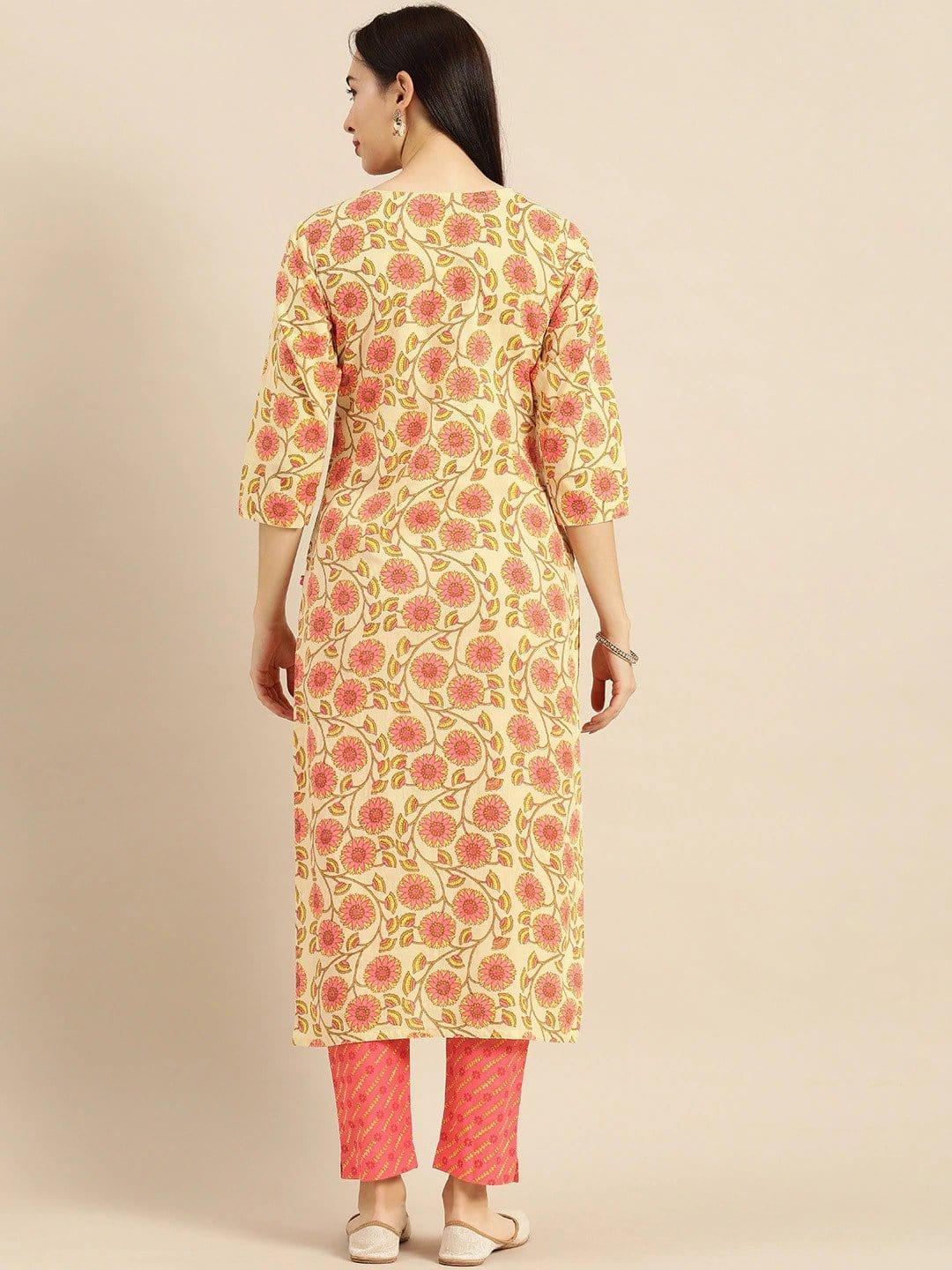 Beige & Peach-Coloured Printed Kurta with Trousers - Indiakreations