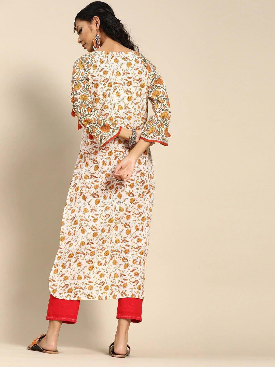 White & Orange Ethnic Motifs Printed Cotton Flared Sleeves Kurta - Indiakreations