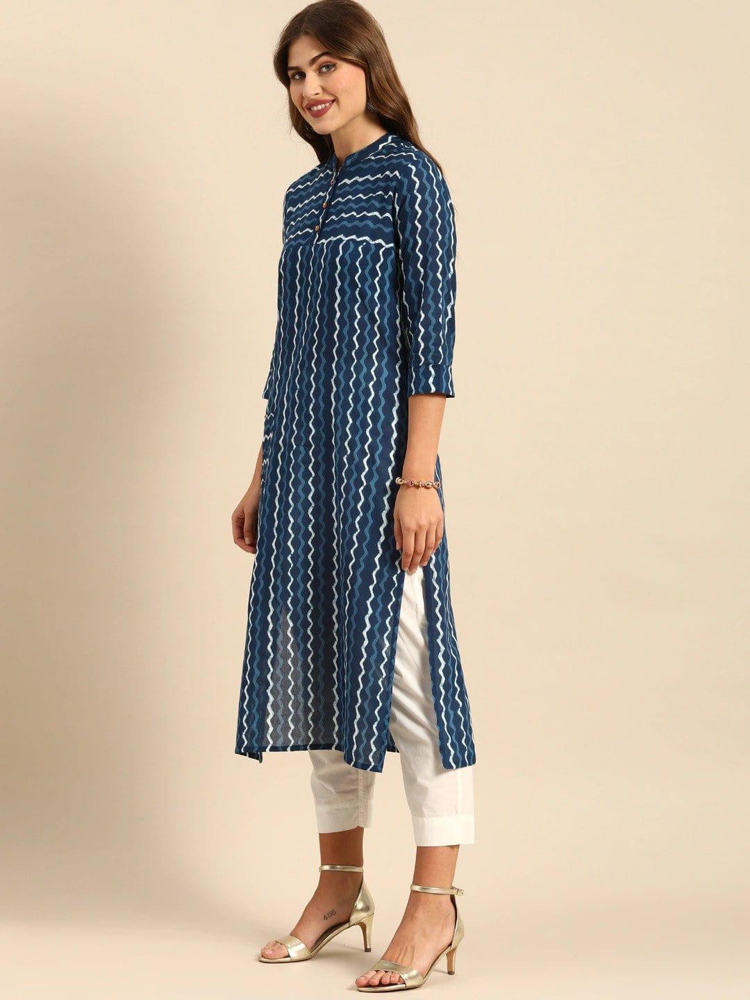 Blue & White Leheriya Printed Kurta - Indiakreations