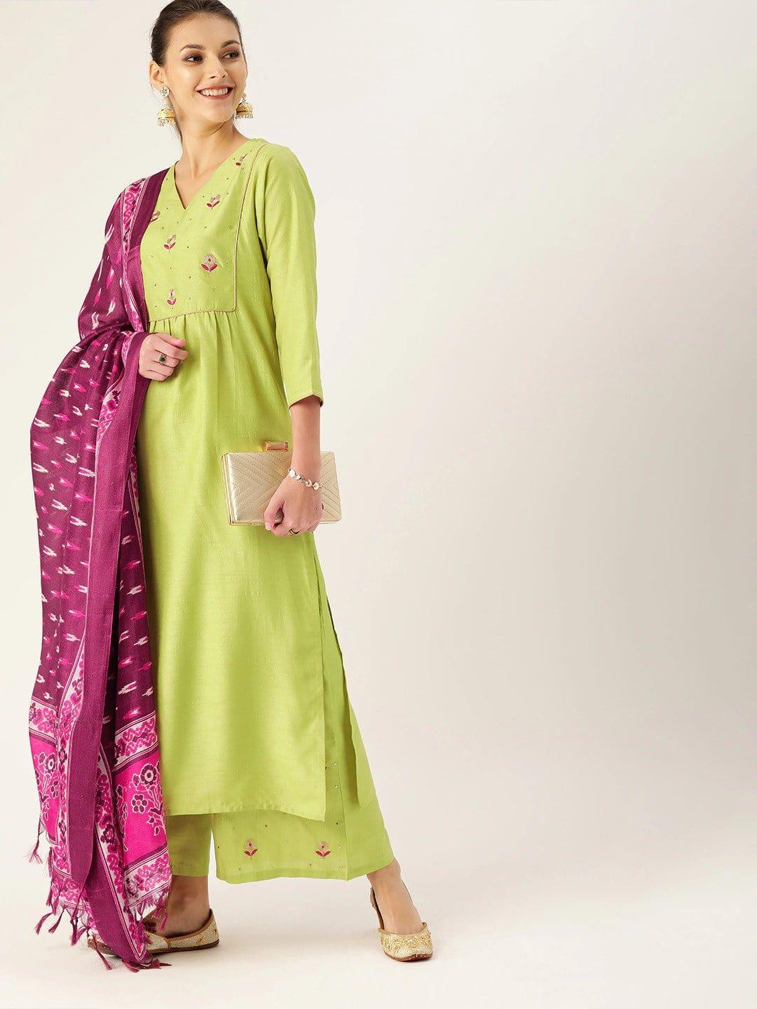 Lime Green & Purple Embroidered Kurta with Palazzos & Dupatta - Indiakreations