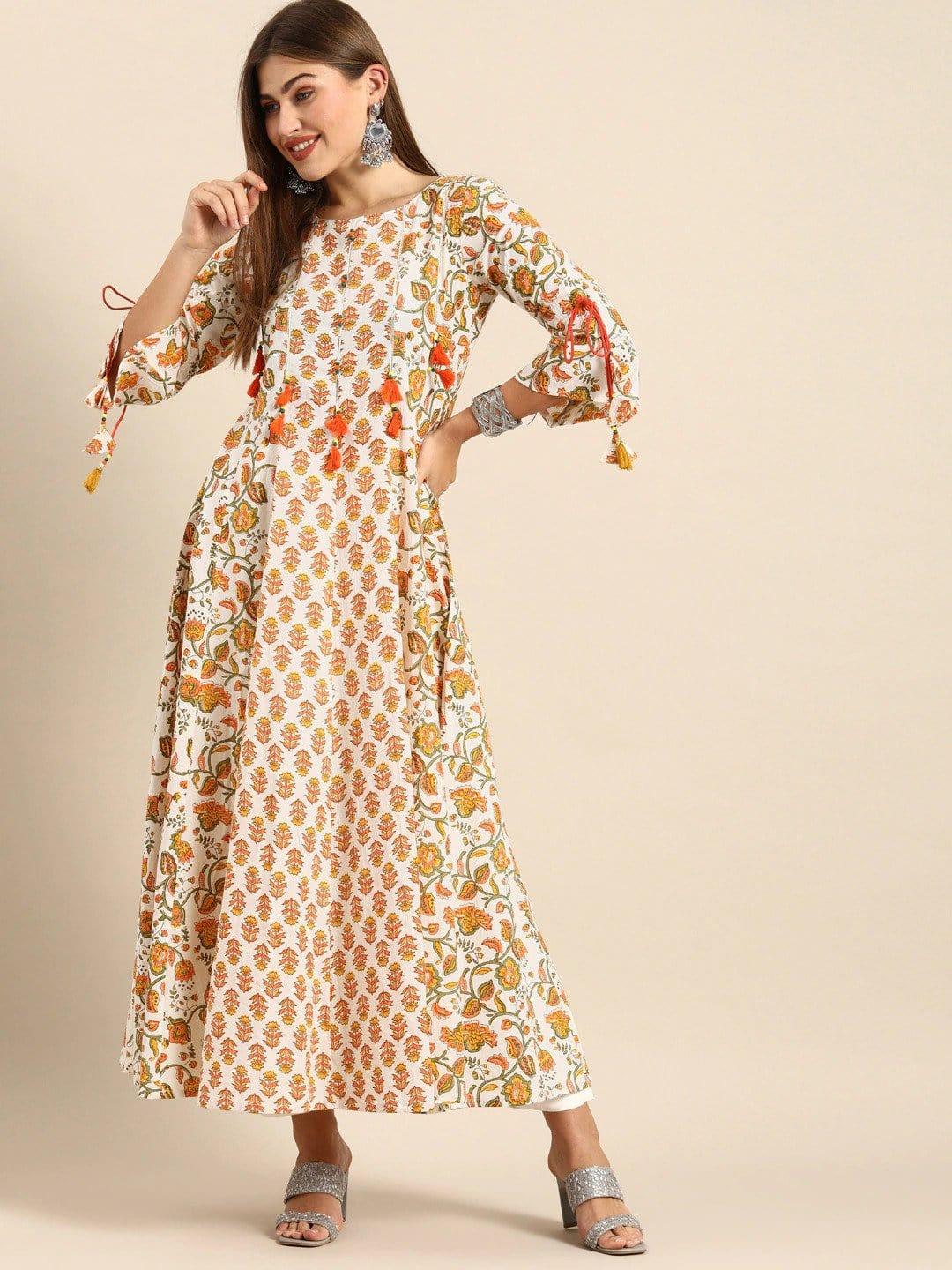 White & Orange Ethnic Motifs Printed Bell Sleeves Kurta - Indiakreations