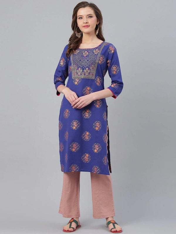 Women's KSUT Blue & Golden Printed Straight Kurta - Varanga