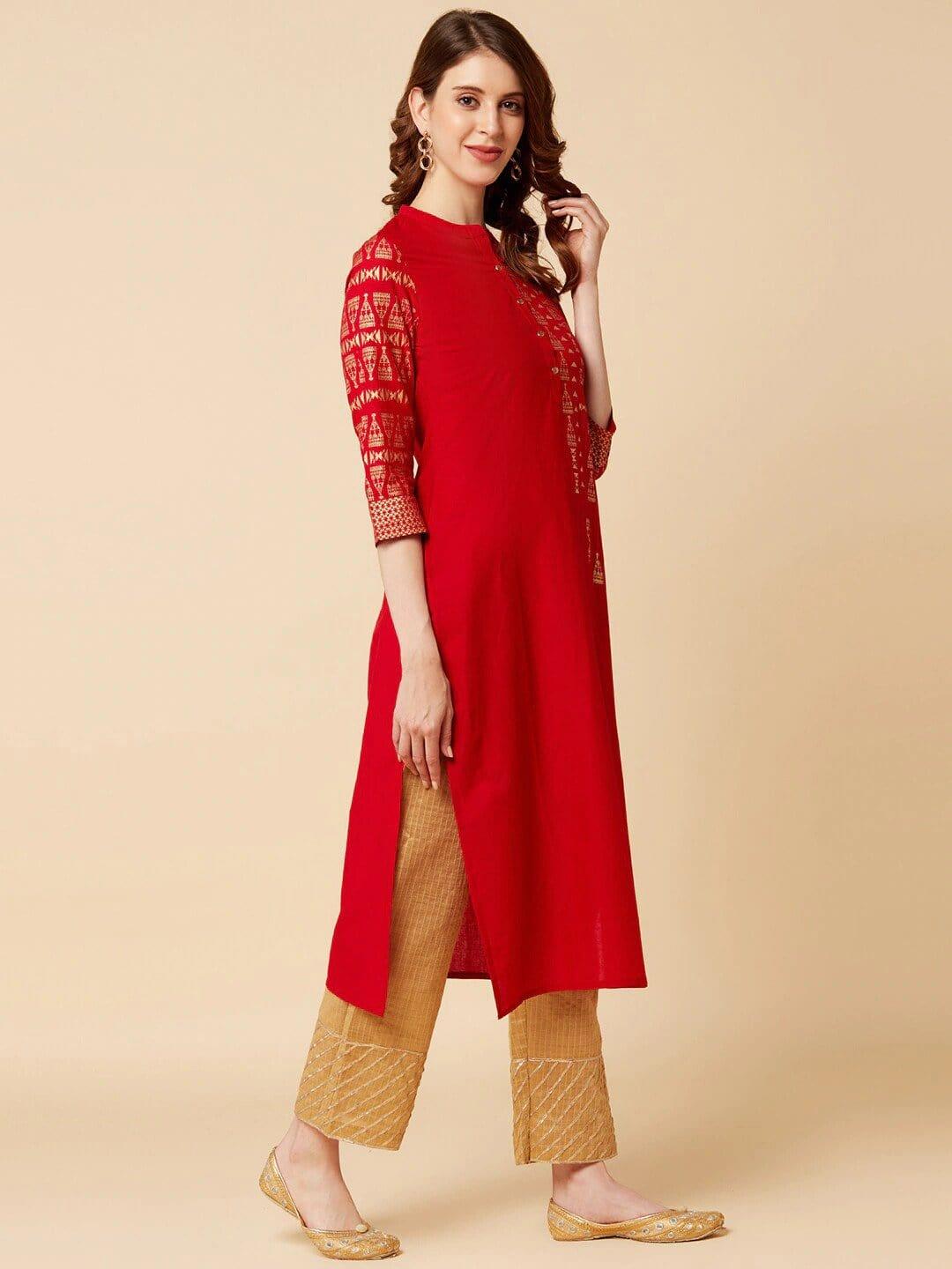 Maroon Geometric Yoke Design Thread Work Kurta - Indiakreations