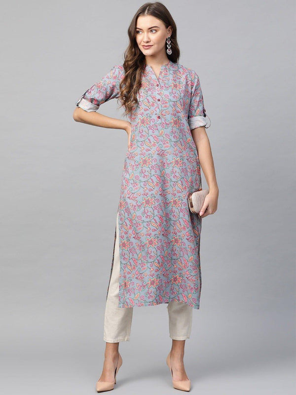 KSUT Grey & Pink Printed Straight Kurta - Indiakreations