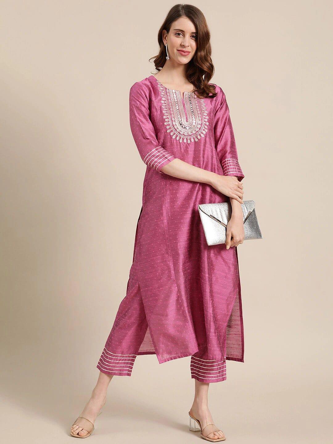 Pink Yoke Design Regular Straight Thread Work Kurta & Palazzos - Indiakreations