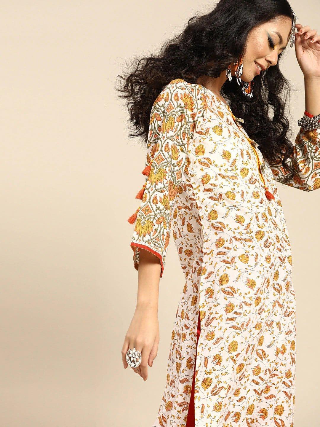 White & Orange Ethnic Motifs Printed Cotton Flared Sleeves Kurta - Indiakreations