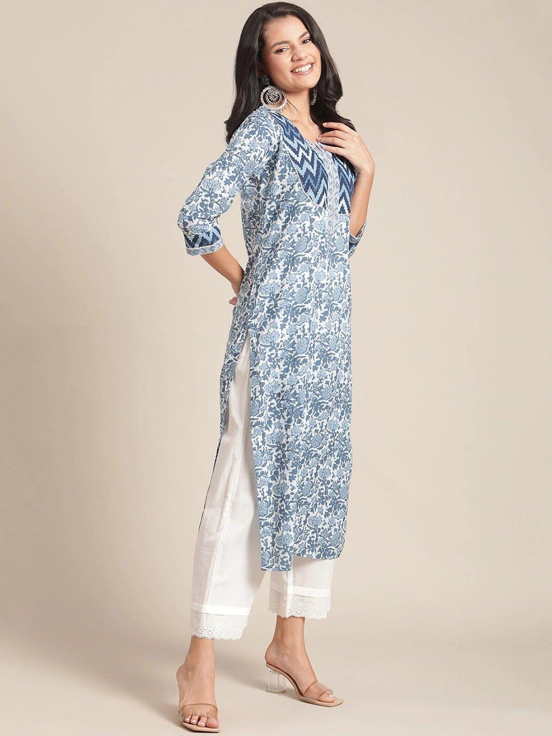 Blue Ethnic Motifs Printed Kurta - Indiakreations