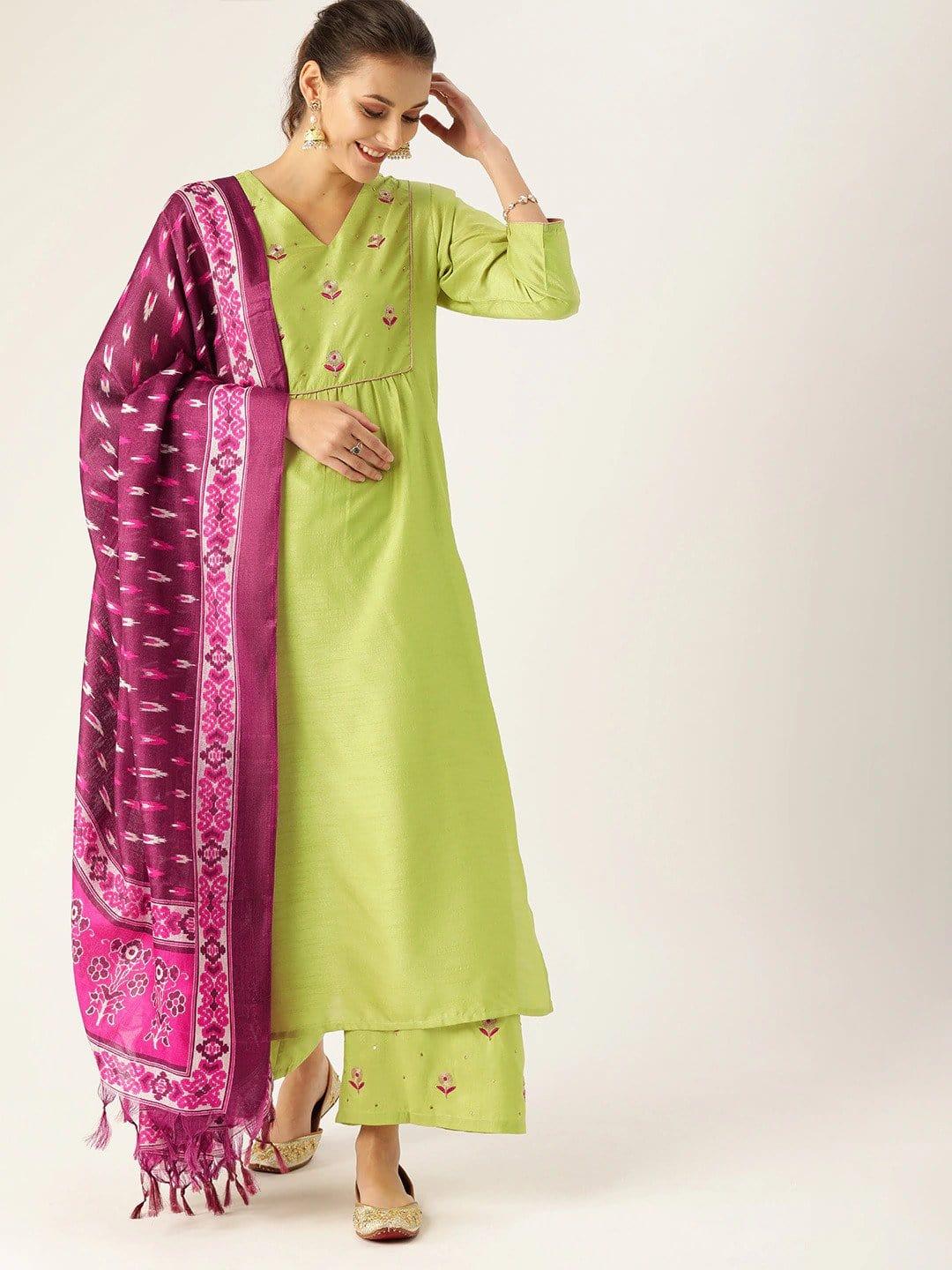 Lime Green & Purple Embroidered Kurta with Palazzos & Dupatta - Indiakreations