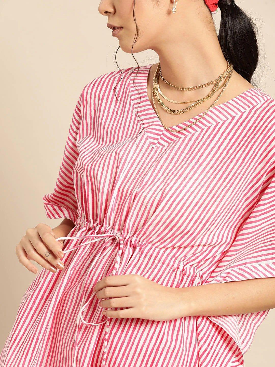 Pink & White Pure Cotton Striped Tunic with Palazzos - Indiakreations