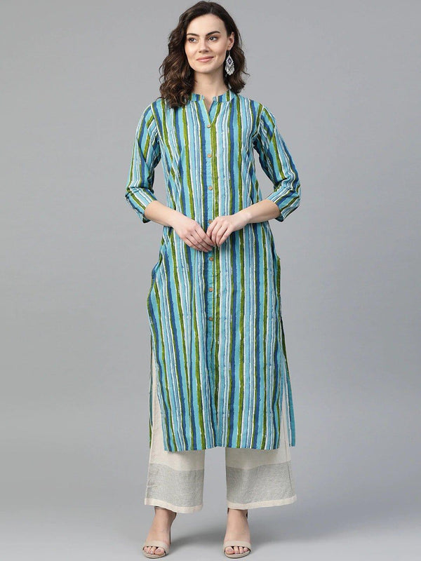 KSUT Blue & Green Striped Straight Kurta - Indiakreations