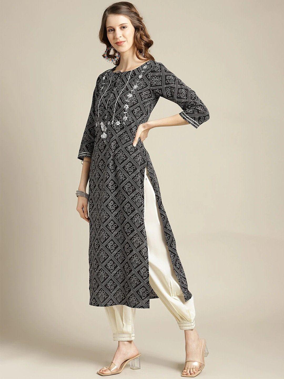 Black & White Bandhani Printed Thread Work Cotton Straight Kurta - Indiakreations