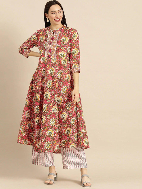 Pink & Mustard Printed Kurta with Palazzos - Indiakreations