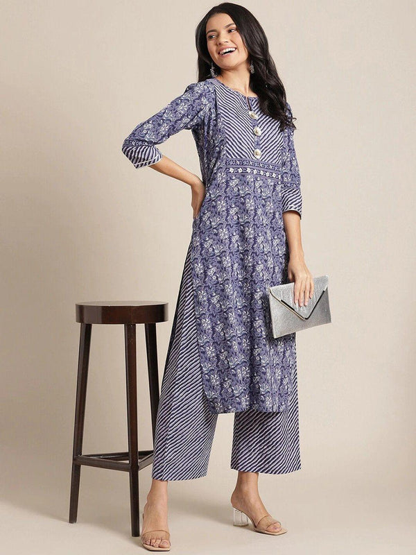 Blue Ethnic Motifs Printed Gotta Patti Kurta with Palazzos - Indiakreations