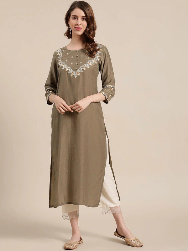 Olive Floral Embroidered Kurta with Trousers - Indiakreations