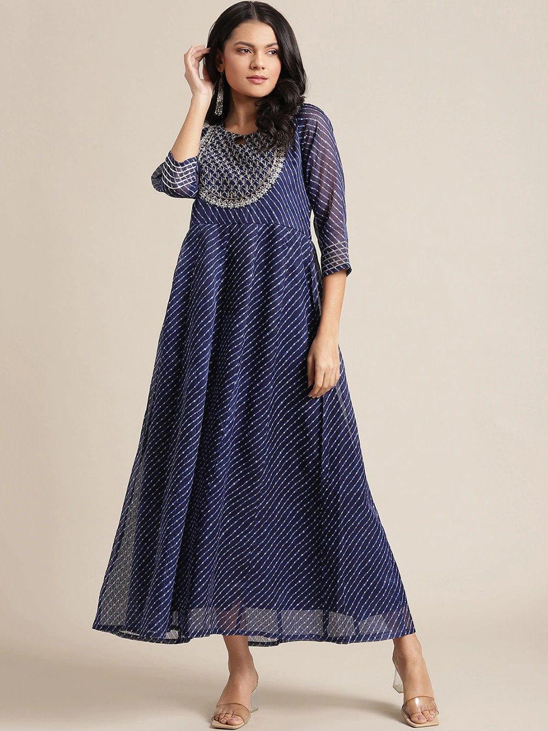 Blue & White Striped Keyhole Neck Thread Work Anarkali Kurta - Indiakreations