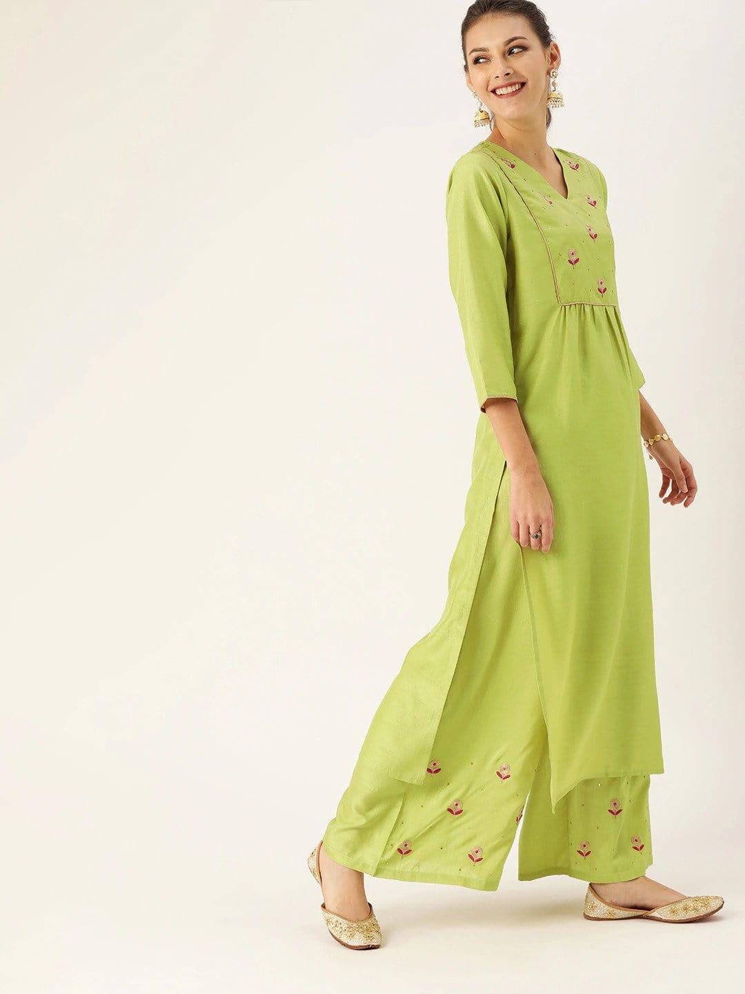 Lime Green & Purple Embroidered Kurta with Palazzos & Dupatta - Indiakreations