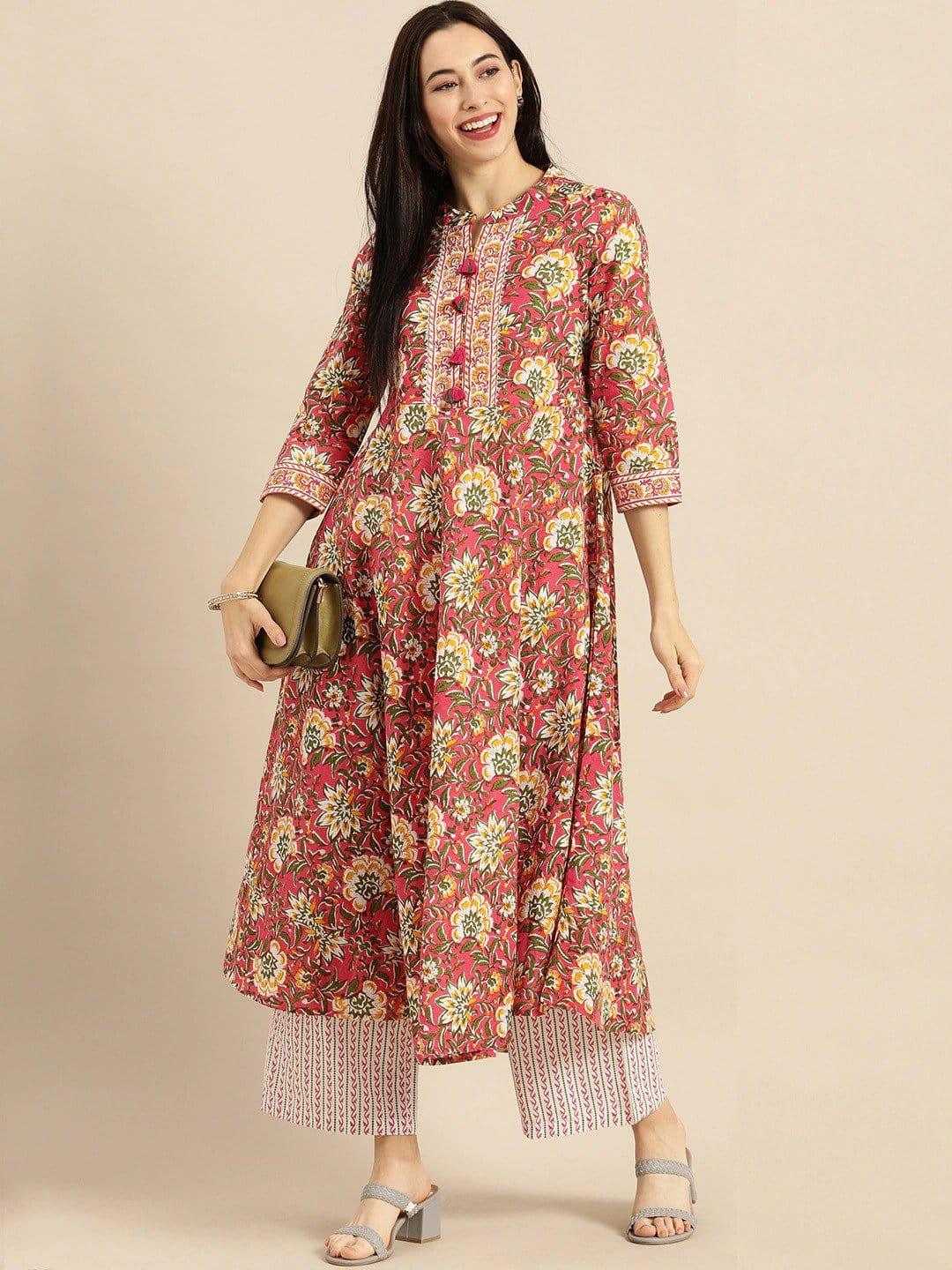 Pink & Mustard Printed Kurta with Palazzos - Indiakreations